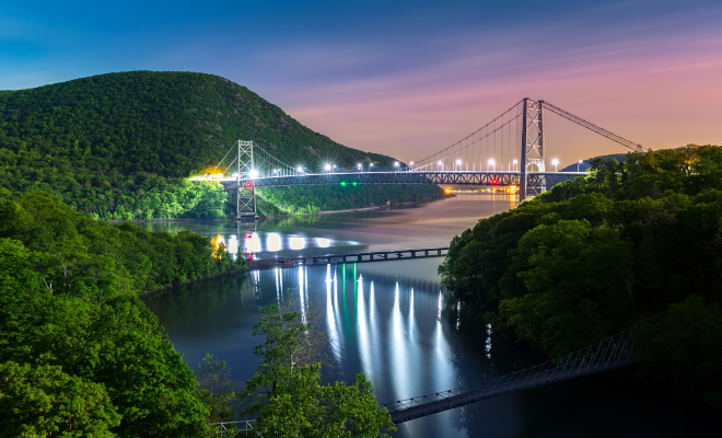 Hudson River valley with Bear Mountain bridge at night